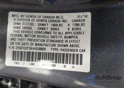 2018 Honda Civic Lx из США, поврежденный, VIN 2HGFC2F59JH528800